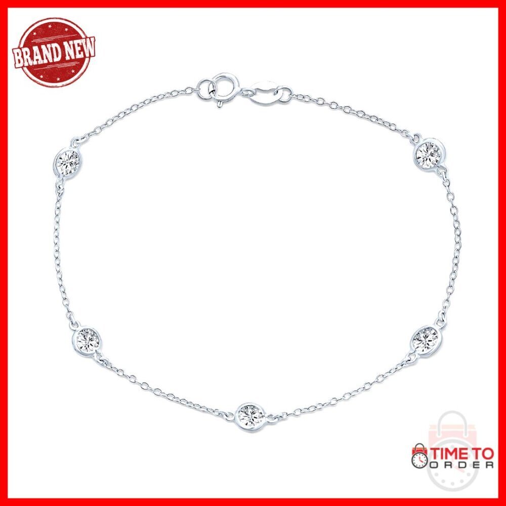 9 Inch Sterling Silver Cubic Zirconia Anklet with Rolo Chain